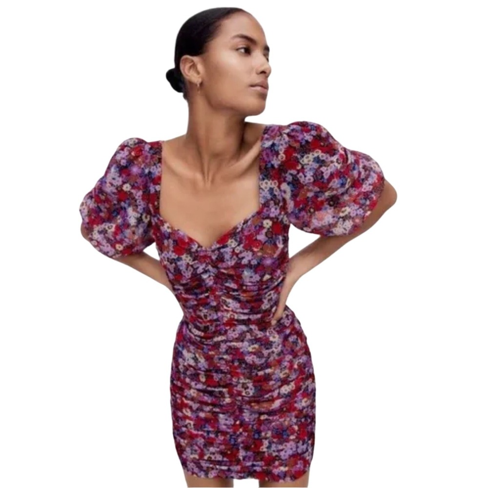 ZARA Floral Mini‎ Dress Size S Puffed Sleeve Ruching Romantic Bodycon Coquette